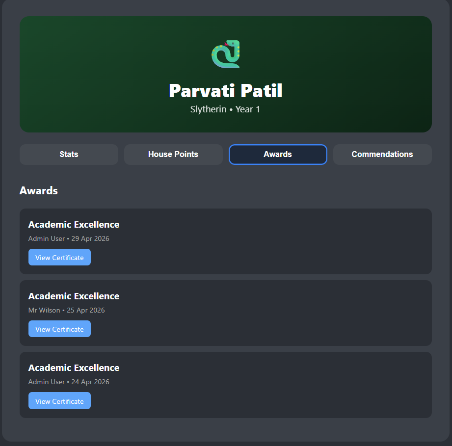 Student profile and awards page